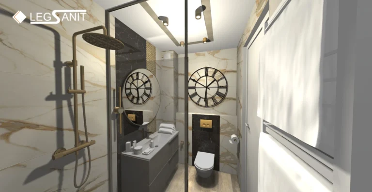 Projekt łazienki glamour 4,30 m² – aranżacja małej przestrzeni