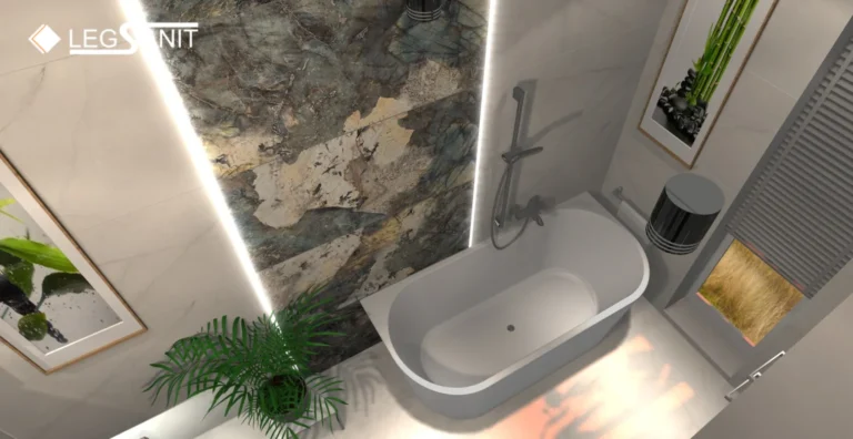 Design inspirowany kamieniem – projekt łazienki 6,41 m²